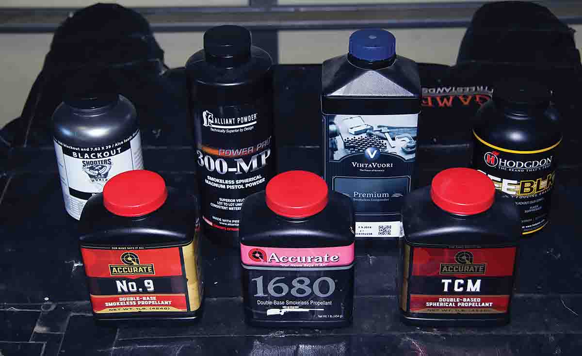 Powders selected for testing .22 K-Hornet rifle loads included: Shooters World Blackout, Alliant Power Pro 300-MP, Vihtavuori N110, Hodgdon CFE BLK, Accurate No. 9, 1680 and TCM.